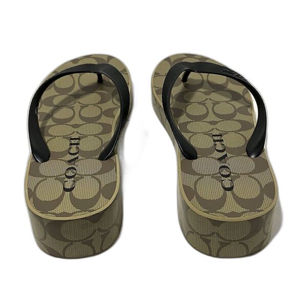 COACH WMN’S Khaki/Black SIG C LYNN Platform Wedge Sandal/Flip Flops Sz 9 - Picture 6 of 10